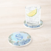 Dessous De Verre En Grès Rond de verre à l'hydrangea bleu avec monogramme (Côté)