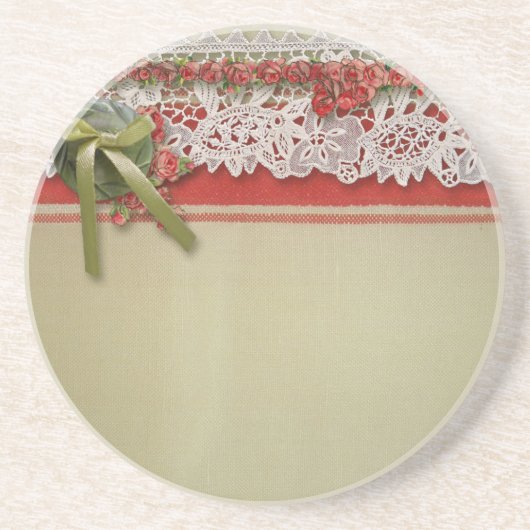 Dessous De Verre En Grès Rose Antique Dentelle Rustique Rouge Victorien Bur (Devant)