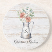 Dessous De Verre En Grès Rose en coton et eucalyptus à monogramme rustique (Devant)