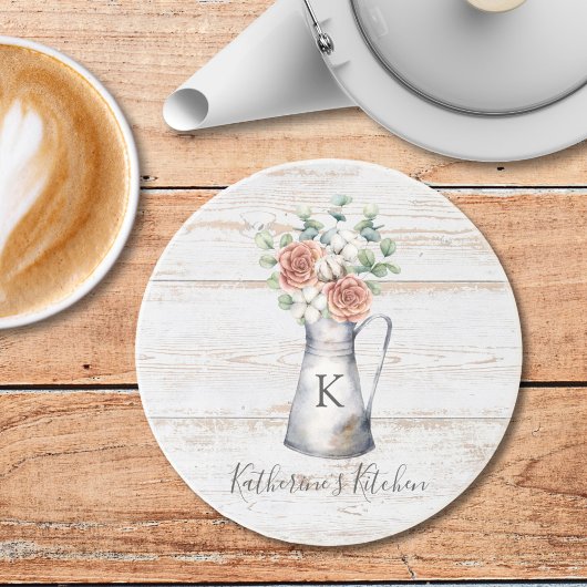 Dessous De Verre En Grès Rose en coton et eucalyptus à monogramme rustique