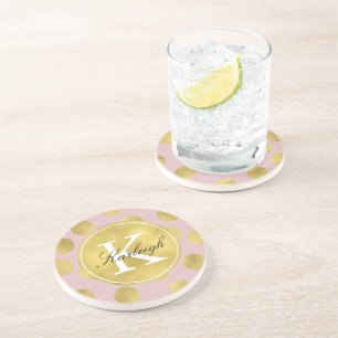 Dessous De Verre En Grès Rose et monogramme de points de tape-à-l'oeil d'o