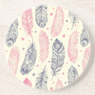 Dessous De Verre En Grès Rose et motif ethnique pourpre de plume