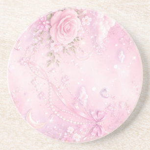 Dessous De Verre En Grès Rose Florale Rose Rêveuse Perles Rubans Paillettes
