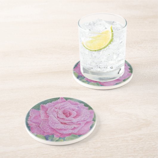 Dessous De Verre En Grès Rose rose avec gouttes de pluie (Côté)