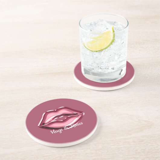 Dessous De Verre En Grès Rose rouge lèvres Kiss (Côté)