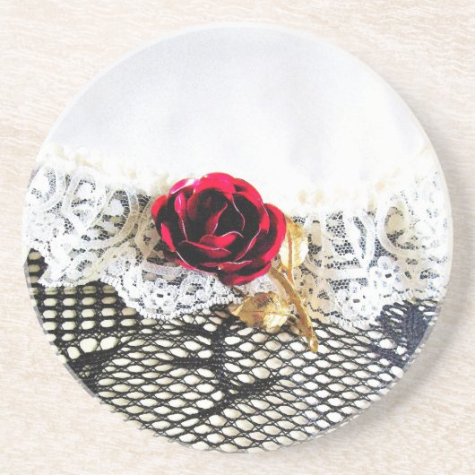 Dessous De Verre En Grès Rose rouge romantique et dentelle blanche (Devant)