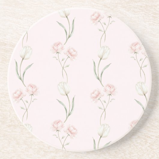 Dessous De Verre En Grès Roses Rose Pâle Tulipes Blanches (Devant)