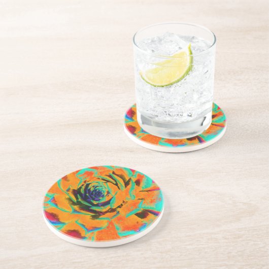 Dessous De Verre En Grès Rosette Succulente Aquamarine et Orange (Côté)