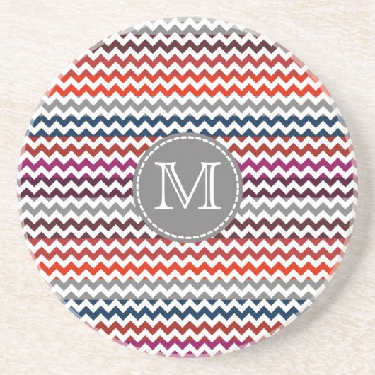 Dessous De Verre En Grès Rouge blanc gris Chevron Zigzag Monogramme (Devant)