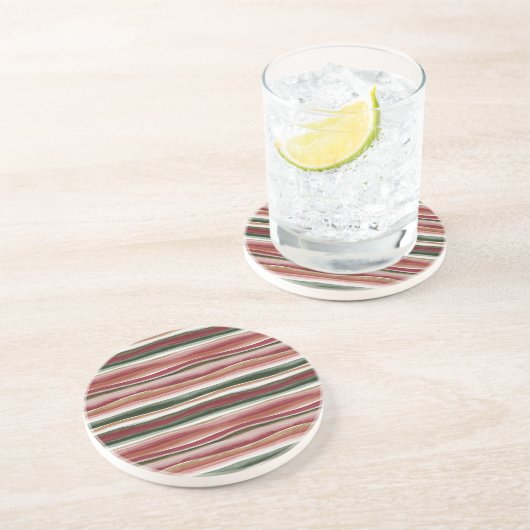 Dessous De Verre En Grès Rouge Vert Rosé Blanc Or Rayures (Côté)