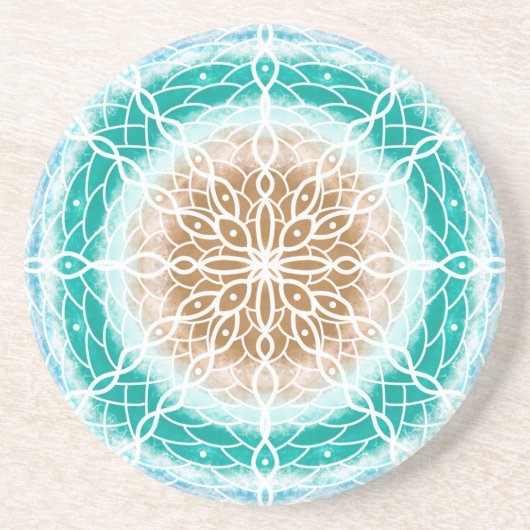 Dessous De Verre En Grès Round Ocean Waves Mandala Turquoise et Turquoise (Devant)