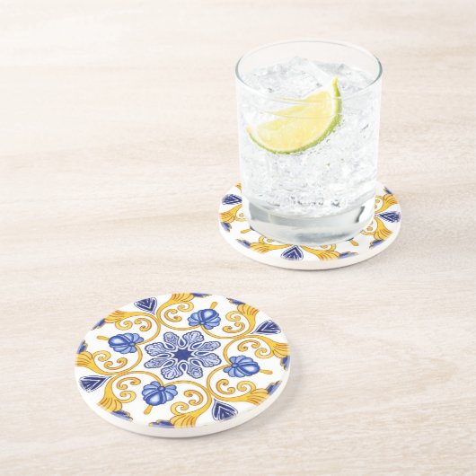 Dessous De Verre En Grès Royal Lisbon Scrollwork  Elegant Portuguese Blue  (Côté)