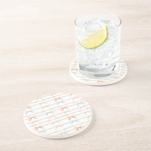Dessous De Verre En Grès Rubans Bleus Crème Pêche (Côté)