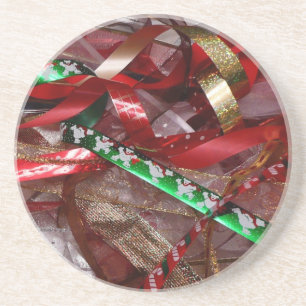 Dessous De Verre En Grès Rubans de Noël Rouge Vert et Or Fêtes