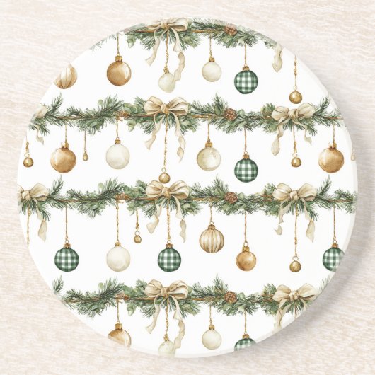 Dessous De Verre En Grès Rubans Marron Rustique Crème Vert Noël (Devant)
