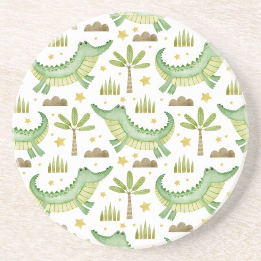 Dessous De Verre En Grès Safari africain : Crocodile et palmiers aquarelles (Devant)