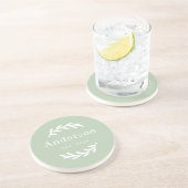Dessous De Verre En Grès Sage Green Laurel Branch Wreath Nom Monogramme (Côté)