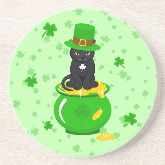 Dessous De Verre En Grès Saint Patrick's Day Shamrock Pot of Gold Black Cat (Devant)
