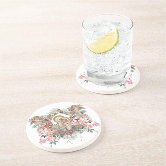 Dessous De Verre En Grès Sainte Vierge Marie Bébé Jésus Floral (Côté)