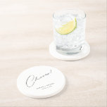 Dessous De Verre En Grès Salue Moderne Unique Personnalisé Mariage Personna<br><div class="desc">Vous cherchez une faveur unique et personnalisée pour votre mariage que vos invités aimeront? Ne cherchez pas plus loin que ces Cheers Moderne Unique Personnalisé Mariage Dessous de verre de grès de mariage personnalisé! Avec un design simple mais élégant avec le mot "Cheers" dans une police de script de calligraphie...</div>