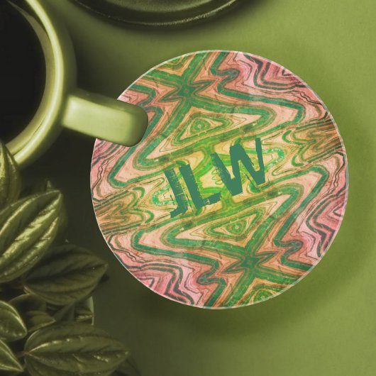 Dessous De Verre En Grès Sandstone Boho rose et vert avec initiales