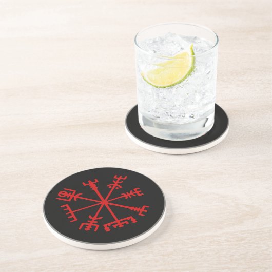 Dessous De Verre En Grès Sang Rouge Vegvísir (Viking Compass) (Côté)