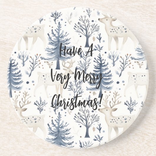 Dessous De Verre En Grès Sapins de Noël bleus Cerfs blancs (Devant)