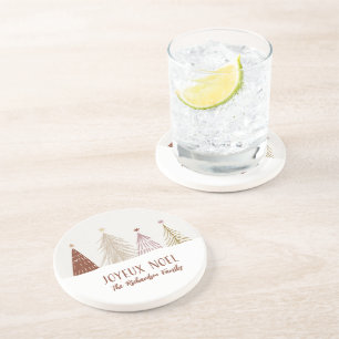 Dessous De Verre En Grès Sapins de Noël enneigés Joyeux Noël Rouge Or Rose