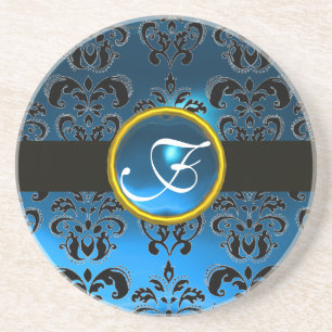Dessous De Verre En Grès Sapphire NOIR ET BLEU DAMASK Monogramme