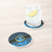 Dessous De Verre En Grès Sapphire NOIR ET BLEU DAMASK Monogramme (Côté)