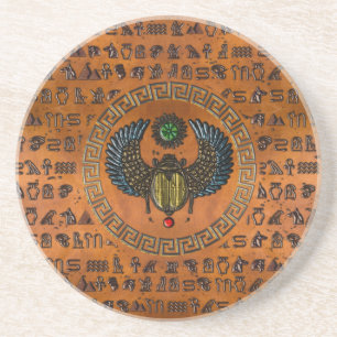 Dessous De Verre En Grès Scarab ailé /W Gemmes & Hiéroglyphes égyptiens