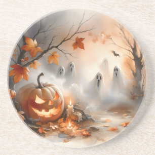 Dessous De Verre En Grès Scène d'Halloween lunaire avec citrouille et fantô