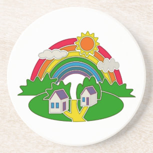 Dessous De Verre En Grès Scène rurale de dessin animé avec arc-en-ciel et m