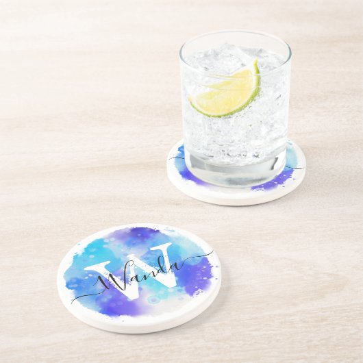 Dessous De Verre En Grès Script de monogramme bleu blanc (Côté)