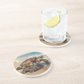 Dessous De Verre En Grès Sea Turtle and Baby Illustration  (Côté)