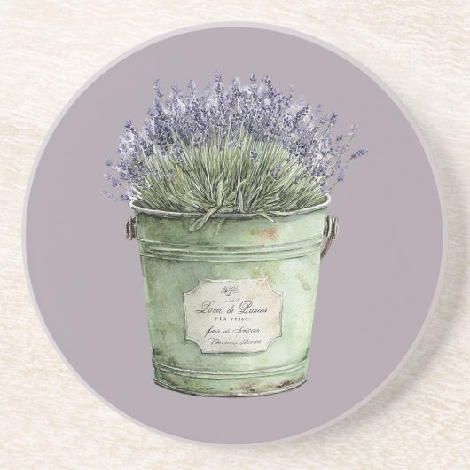 Dessous De Verre En Grès Seau vert blanc Fleurs de lavande (Devant)