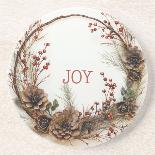 Dessous De Verre En Grès Serrures de Noël Branches Pine Cones Berries (Devant)