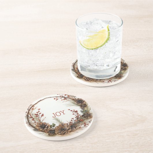 Dessous De Verre En Grès Serrures de Noël Branches Pine Cones Berries (Côté)