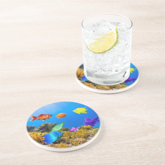 Dessous De Verre En Grès SlipperyJoe's Fish Pride tropicale vert bleu pourp (Côté)