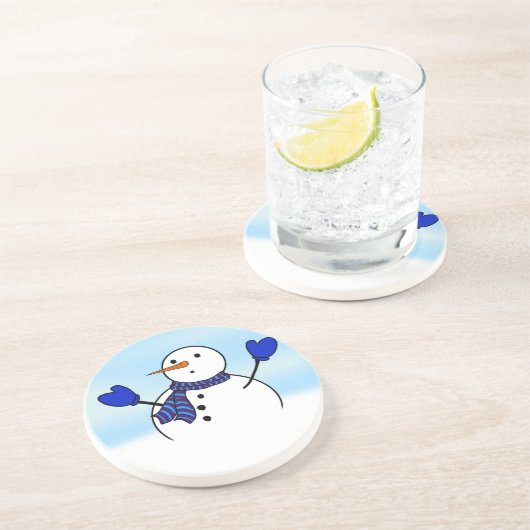 Dessous De Verre En Grès Snowman mignon aux Mittens bleus (Côté)