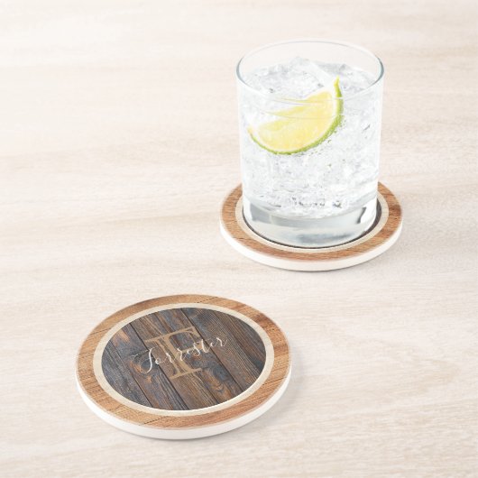Dessous De Verre En Grès Sous-verre monogramme rond en bois rustique (Côté)