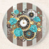 Dessous De Verre En Grès Steampunk Clock and Turquoise Roses on Striped (Devant)