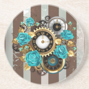 Dessous De Verre En Grès Steampunk Clock and Turquoise Roses on Striped
