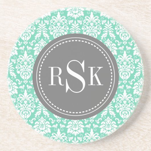 Dessous De Verre En Grès Stylo Monogram Trio Mint Damask (Devant)