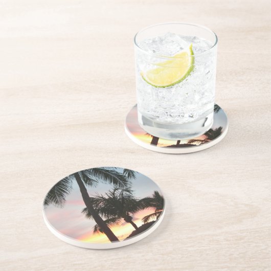Dessous De Verre En Grès Sunset Palms Tropical Paysage Photographie (Côté)