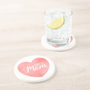 Dessous De Verre En Grès Super Maman texte dans le coeur rose peint