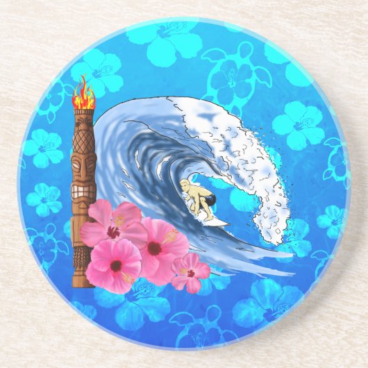 Dessous De Verre En Grès Surfer et statue de Tiki (Devant)