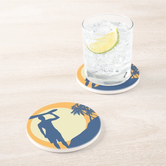 Dessous De Verre En Grès Surfer, palmier, falaise, soleil, lune, (Côté)