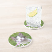 Dessous De Verre En Grès Tabby blanc chat et Pétunia rose (Côté)