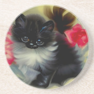 Dessous De Verre En Grès Tableau vintage de chaton noir et blanc